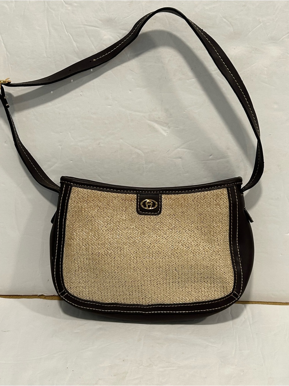 Vintage Etienne Aigner Woven Straw & Brown Leather Shoulder Bag - Gold Logo